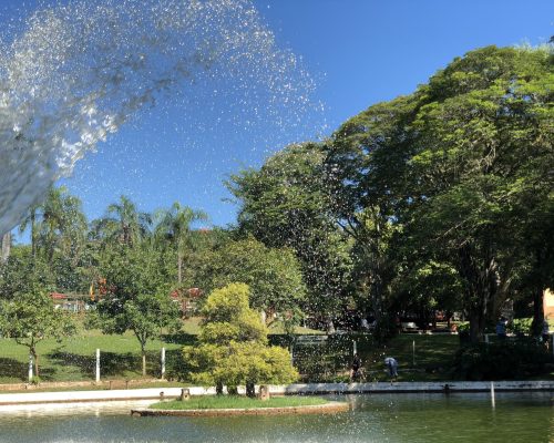 Lago tranquilo rodeado por natureza exuberante, ideal para relaxar durante uma viagem em família.